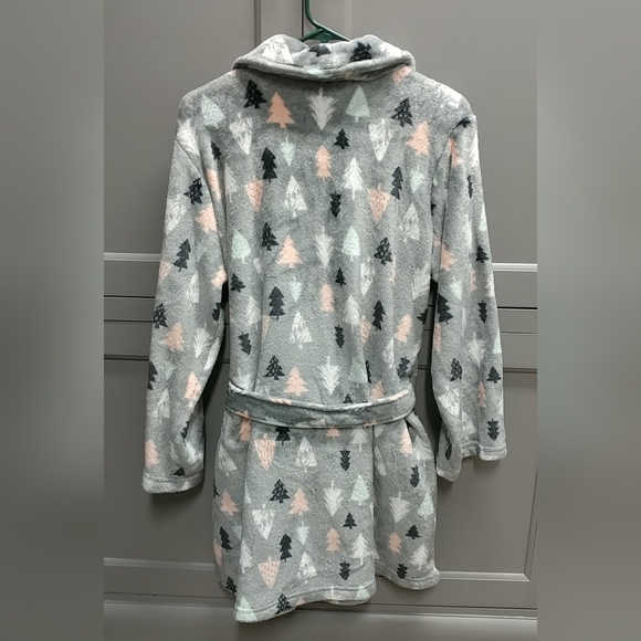 Plush Robe Tree Design Ladies Small w/ Pockets Belt Gray Black Pink Green White - Picture 3 of 16